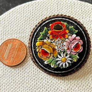 Micro Mosaic Brooch Pin Vintage Italy Flowers Black Background